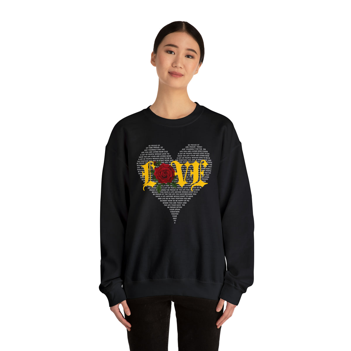 Long sleeve black sweatshirt with Love with red rose on a heart made with words