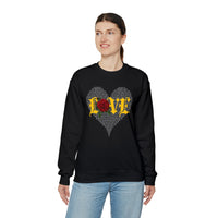 Long sleeve black sweatshirt with Love with red rose on a heart made with words