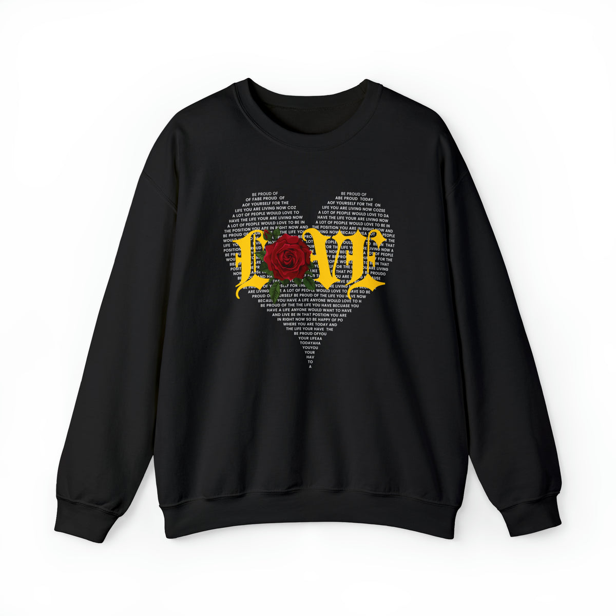 Long sleeve black sweatshirt with Love with red rose on a heart made with words