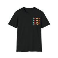 Black cotton unisex t-shirt with multi colored hearts graphic print on tee pocket - my comfy clothing