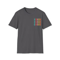 Gray cotton unisex t-shirt with multi colored hearts graphic print on pocket - my comfy clothing