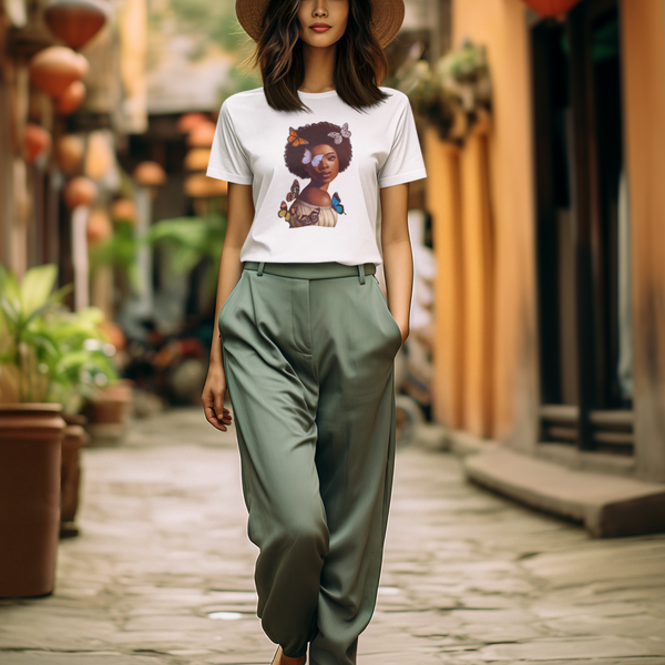 black girl with afro colorful butterflies on white tee shirt - my comfy clothing