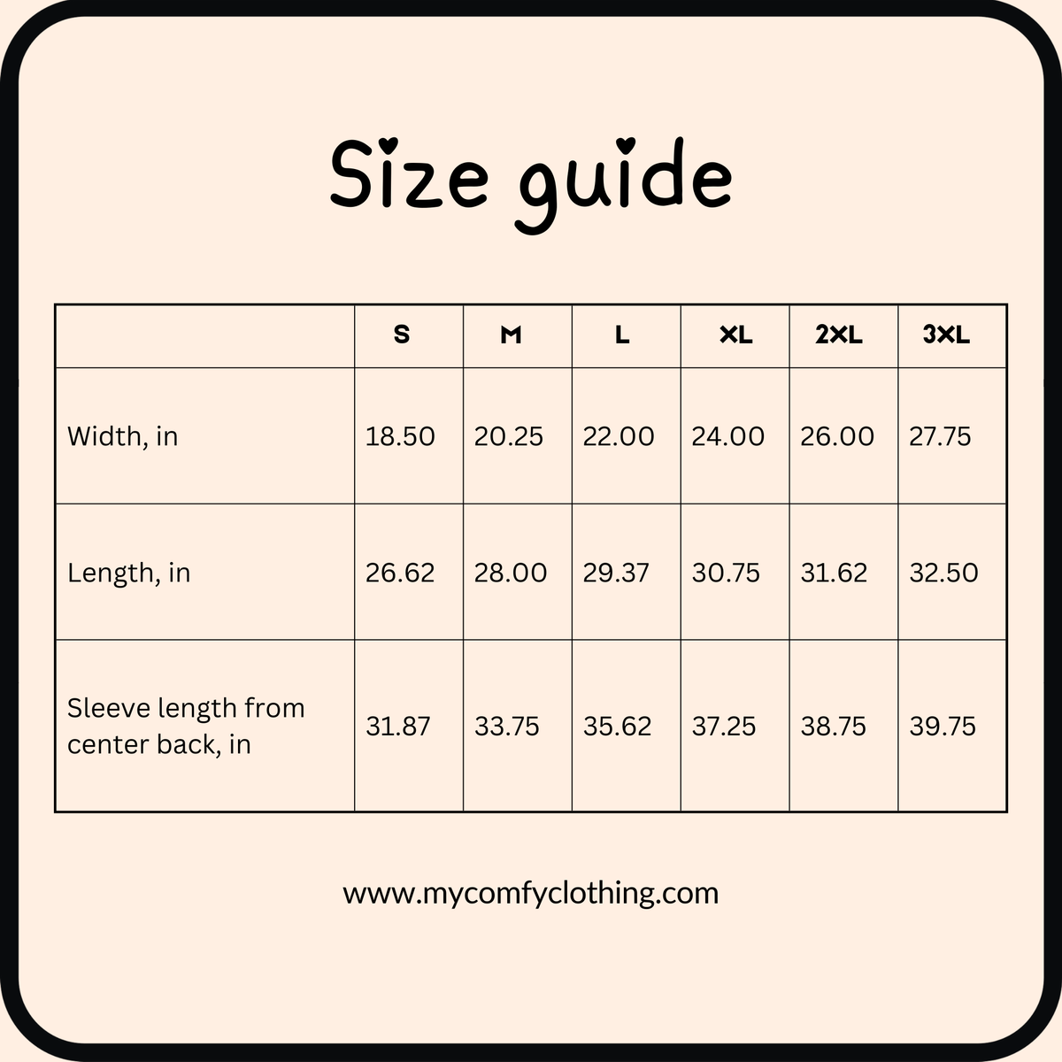 shirt size chart for comfort colors t-shirt 6014 - my comfy clothing