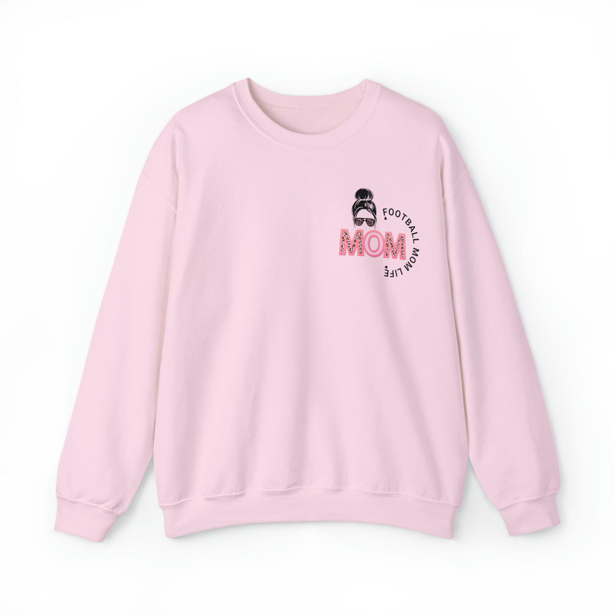 Football mom life with mom text in pink color on blue oversized pink sweatshirt - my comfy clothing