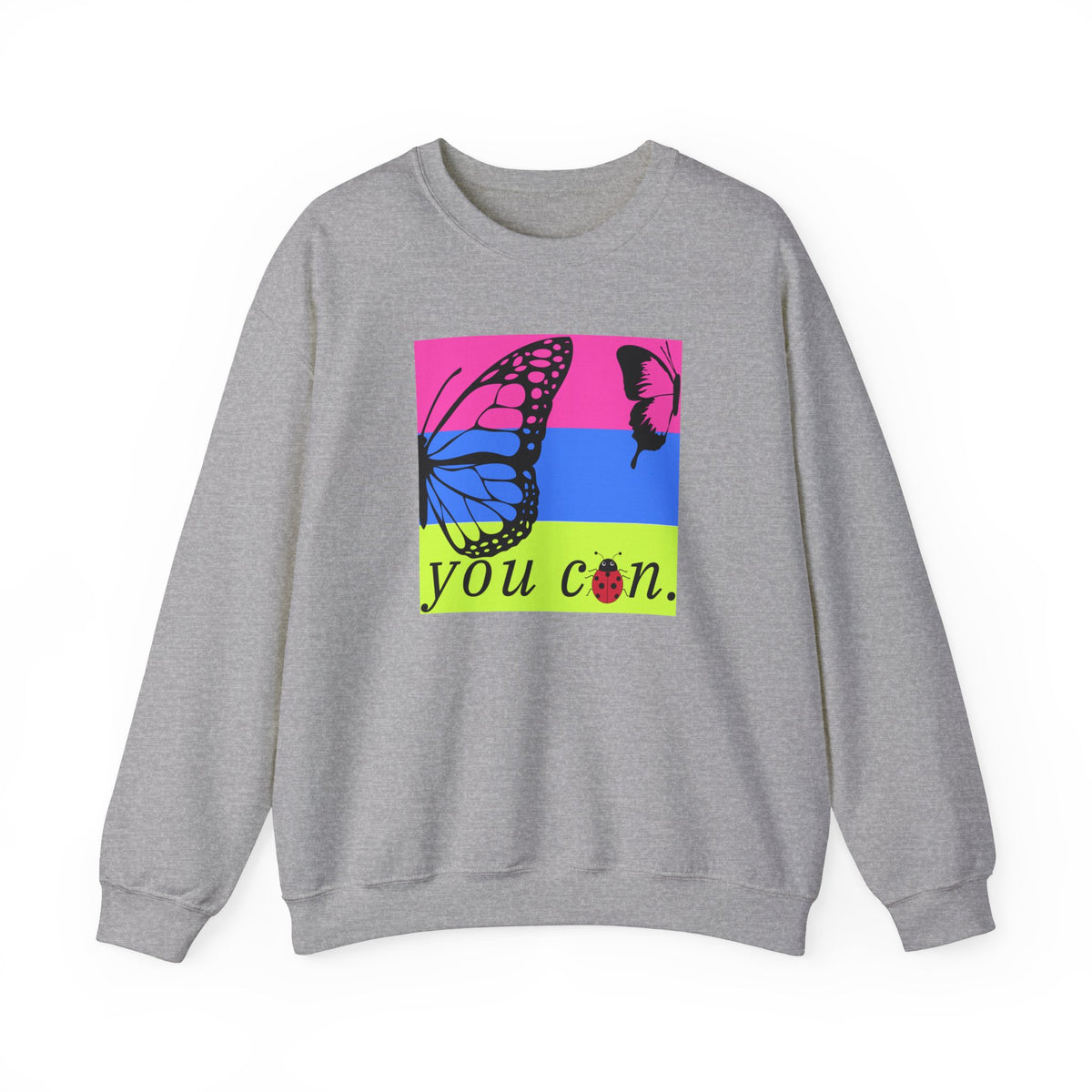 Grey long sleeve sweatshirt with butterfly on bright background and you can text - my comfy clothing