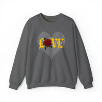 Long sleeve black sweatshirt with Love with red rose on a heart made with words