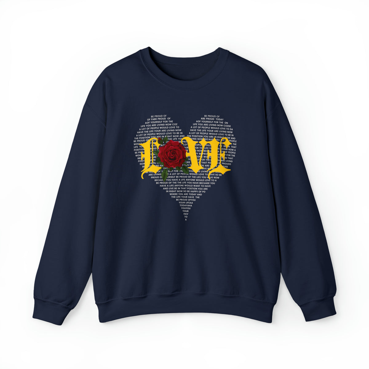 Long sleeve black sweatshirt with Love with red rose on a heart made with words