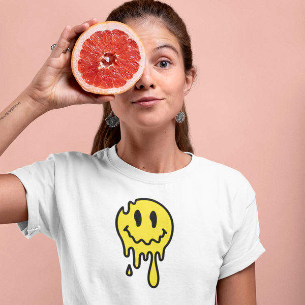 cute melting yellow emoji face on white tee shirt - my comfy clothing