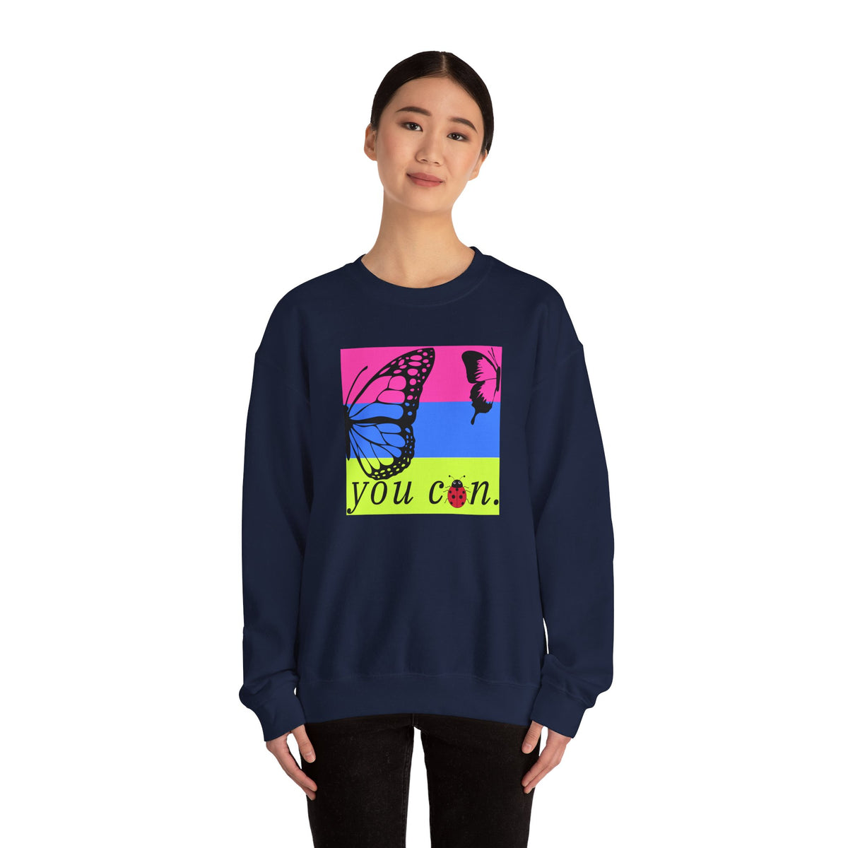 girl wearing navy long sleeve sweatshirt with butterfly on bright background and you can text - my comfy clothing