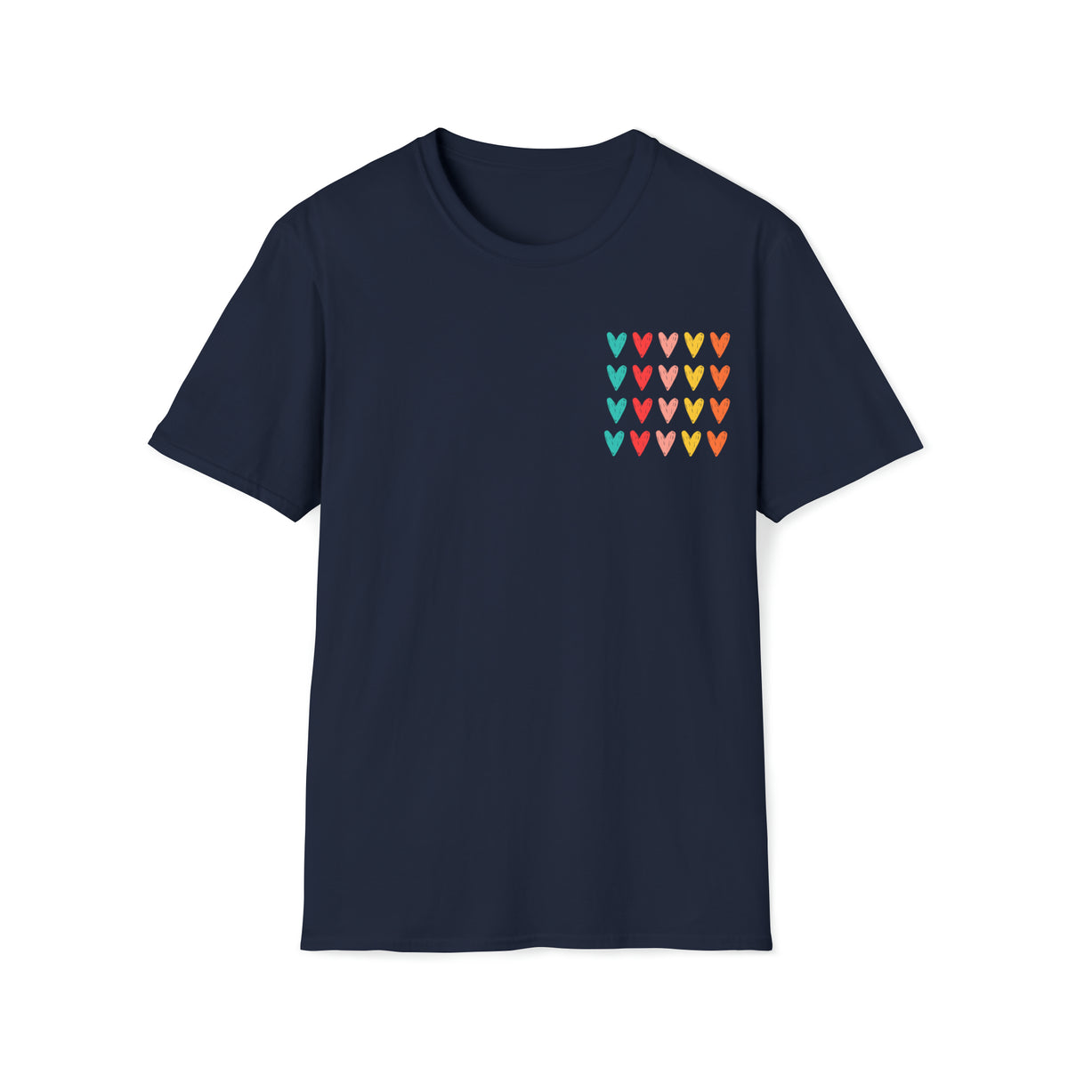 Navy blue cotton unisex t-shirt with multi colored hearts graphic print on pocket - my comfy clothing