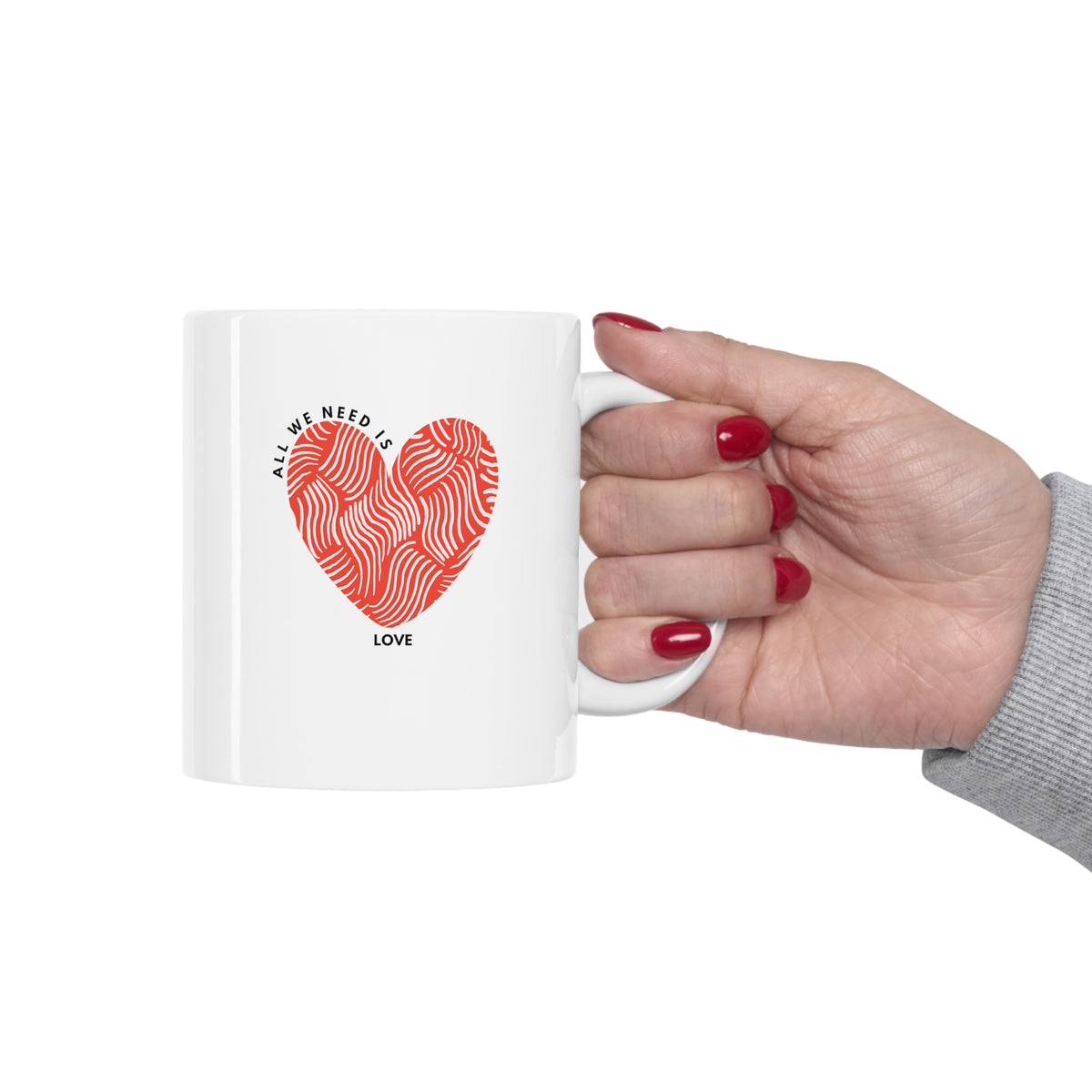 White 11oz coffee mug with red heart with text All we need is Love valentine day heart cup - my comfy clothing