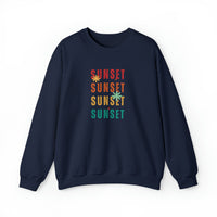 Navy blue color sweatshirt with sunset words in red orange yellow and green colors