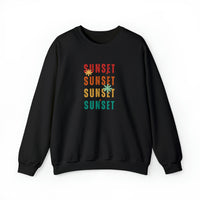 Black color sweatshirt with sunset words in red orange yellow and green colors