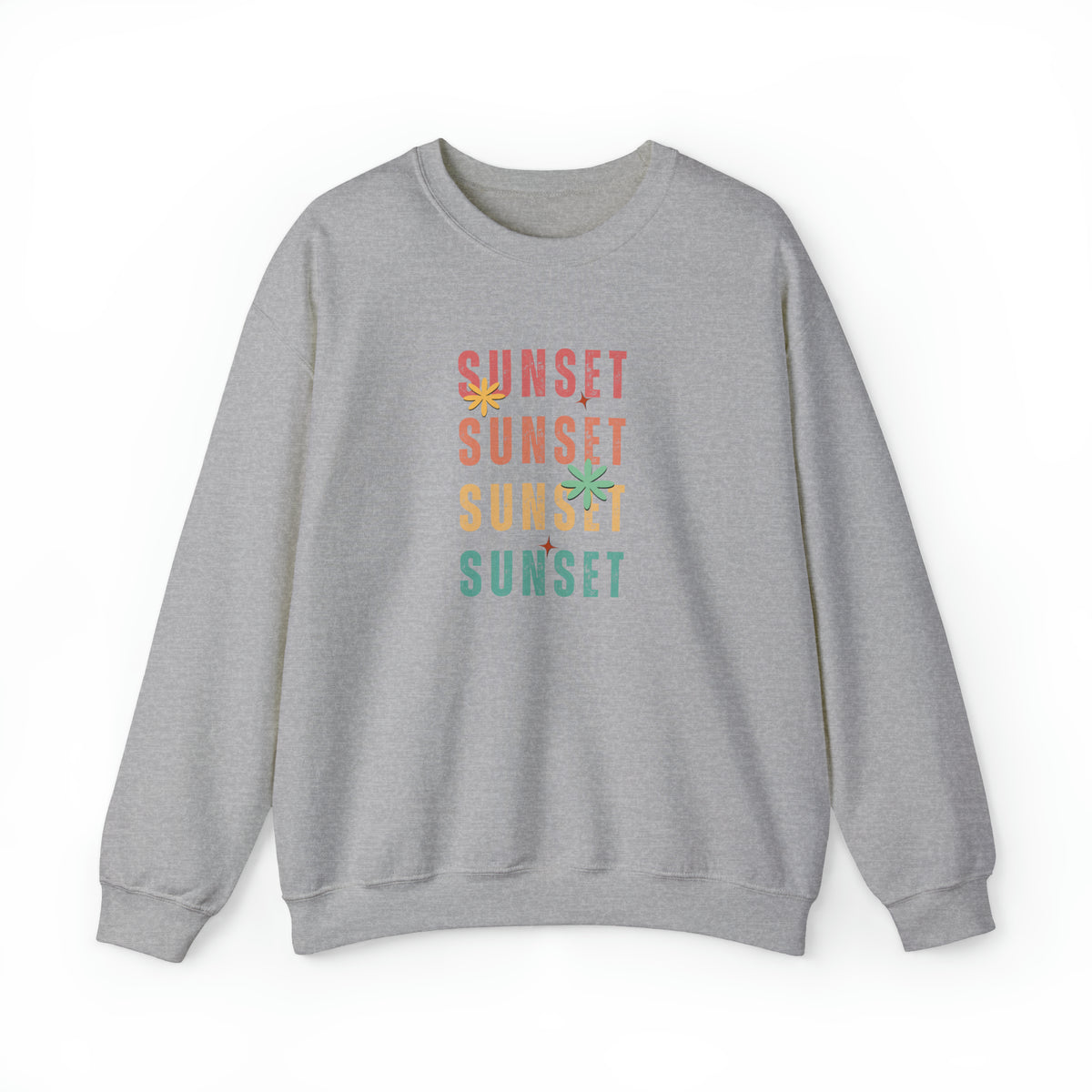 Grey color sweatshirt with sunset words in red orange yellow and green colors