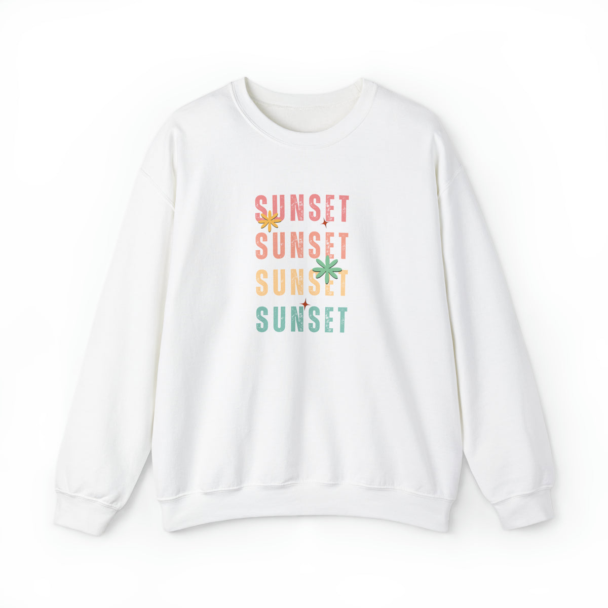 White color sweatshirt with sunset words in red orange yellow and green colors