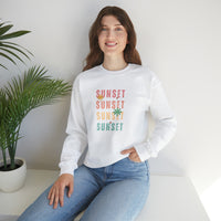 White color sweatshirt with sunset text in red orange yellow and green colors