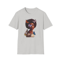 black african with afro and butterflies on grey t-shirt - my comfy clothing