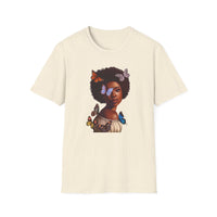 black african women with butterflies on beige t-shirt - my comfy clothing