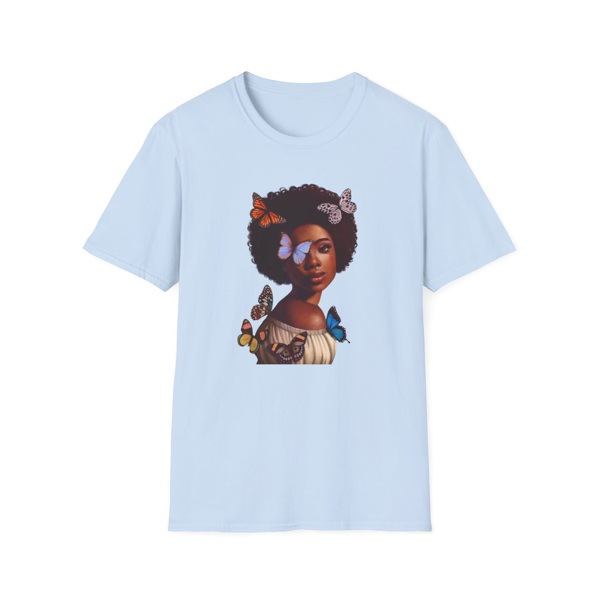 black african women with butterflies on blue tee shirt - my comfy clothing