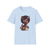 black african women with butterflies on blue tee shirt - my comfy clothing