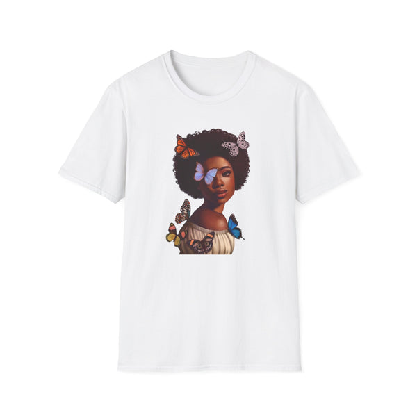 black african women with butterflies on white t-shirt - my comfy clothing