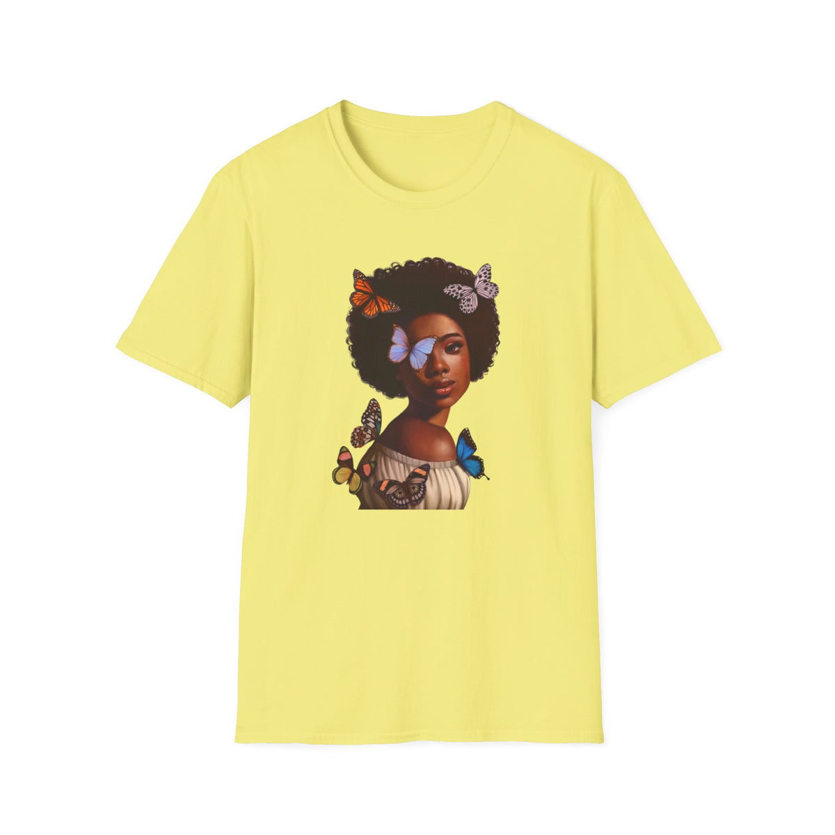 black african women with butterflies yellow tee shirt - my comfy clothing