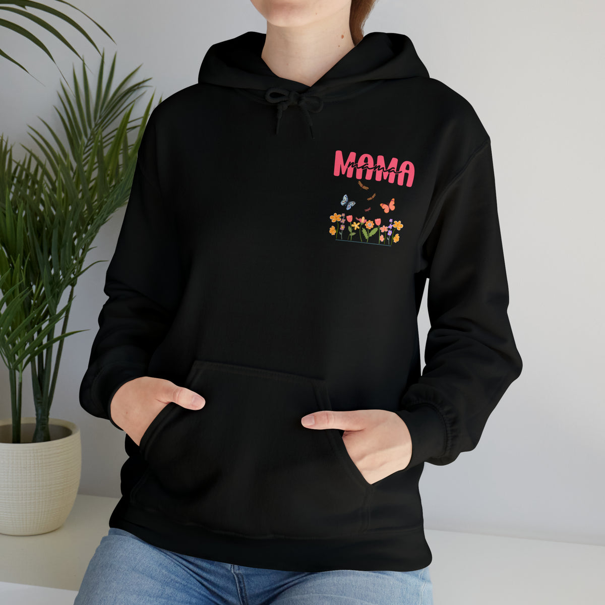 black hoodie for mom with butterflies and flowers - my comfy clothing