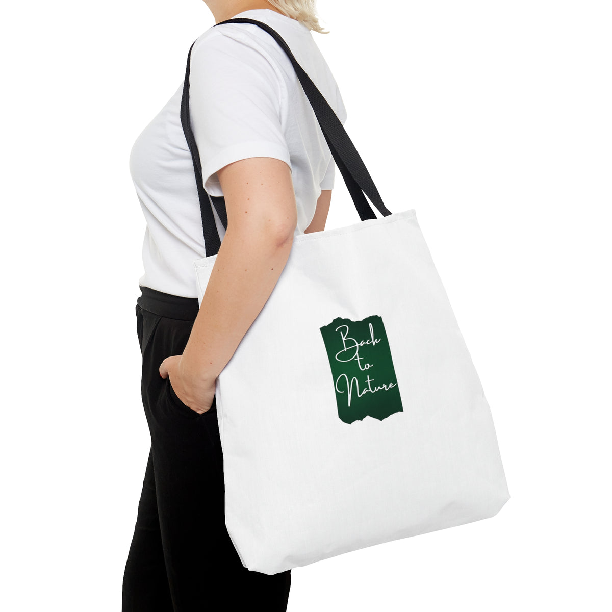 over the shoulder black strap white tote bag with Back to Nature text-My Comfy Clothing