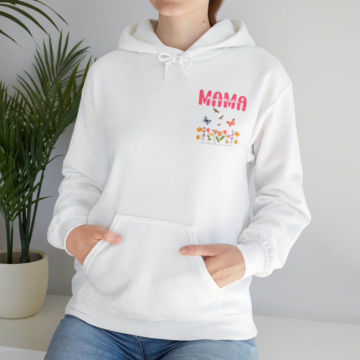 white hoodie for mama with pockets butterflies flying on flowers - my comfy clothing