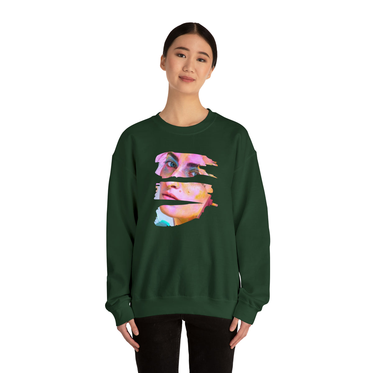 personalized face picture on forest green crewneck sweatshirt - my comfy clothing