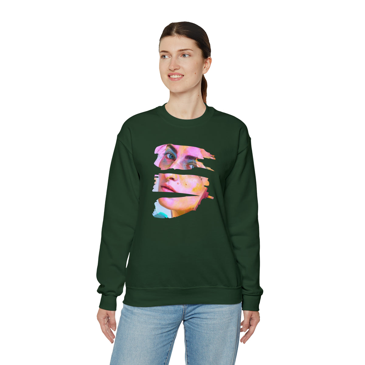 personalized face picture on dark green crewneck sweatshirt - my comfy clothing