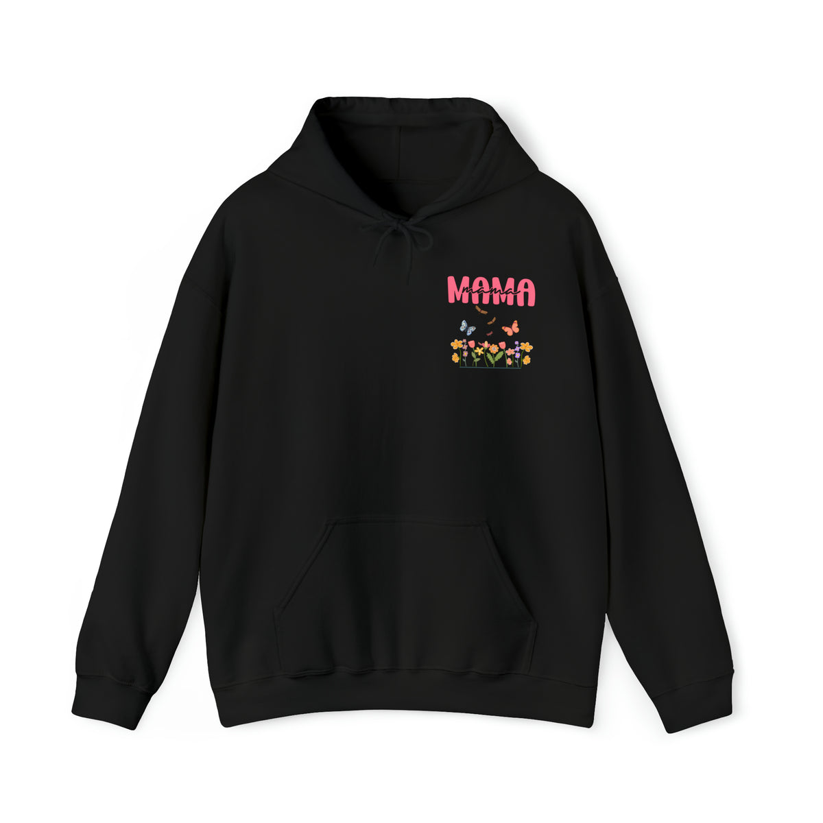 black hoodie for happy mother's day , gift for mom on mother's day with mama text and butterflies flying over colorful flowers - my comfy clothing