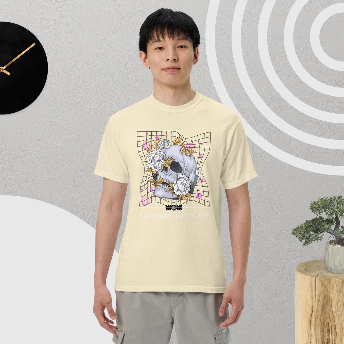 A butter light yellow knit crew neck Vintage Tee with Floral Skull - Flower Bloom Skull graphics Halloween shirt - my comfy clothing