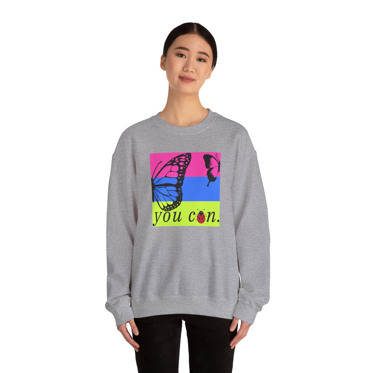 girl wearing grey long sleeve sweatshirt with butterfly on bright background and you can text - my comfy clothing