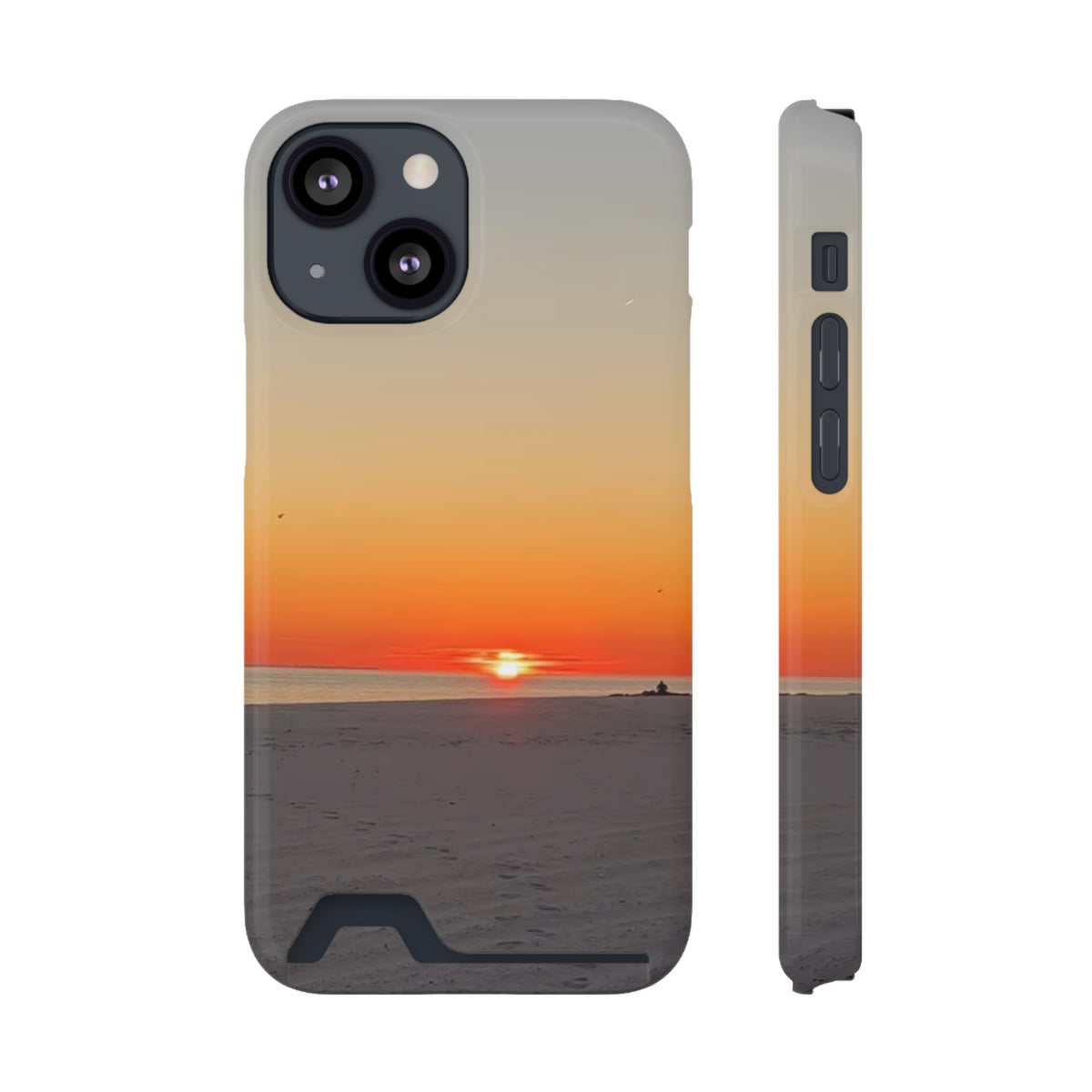 Iphone case wallet and sun setting on the beach picture on the case