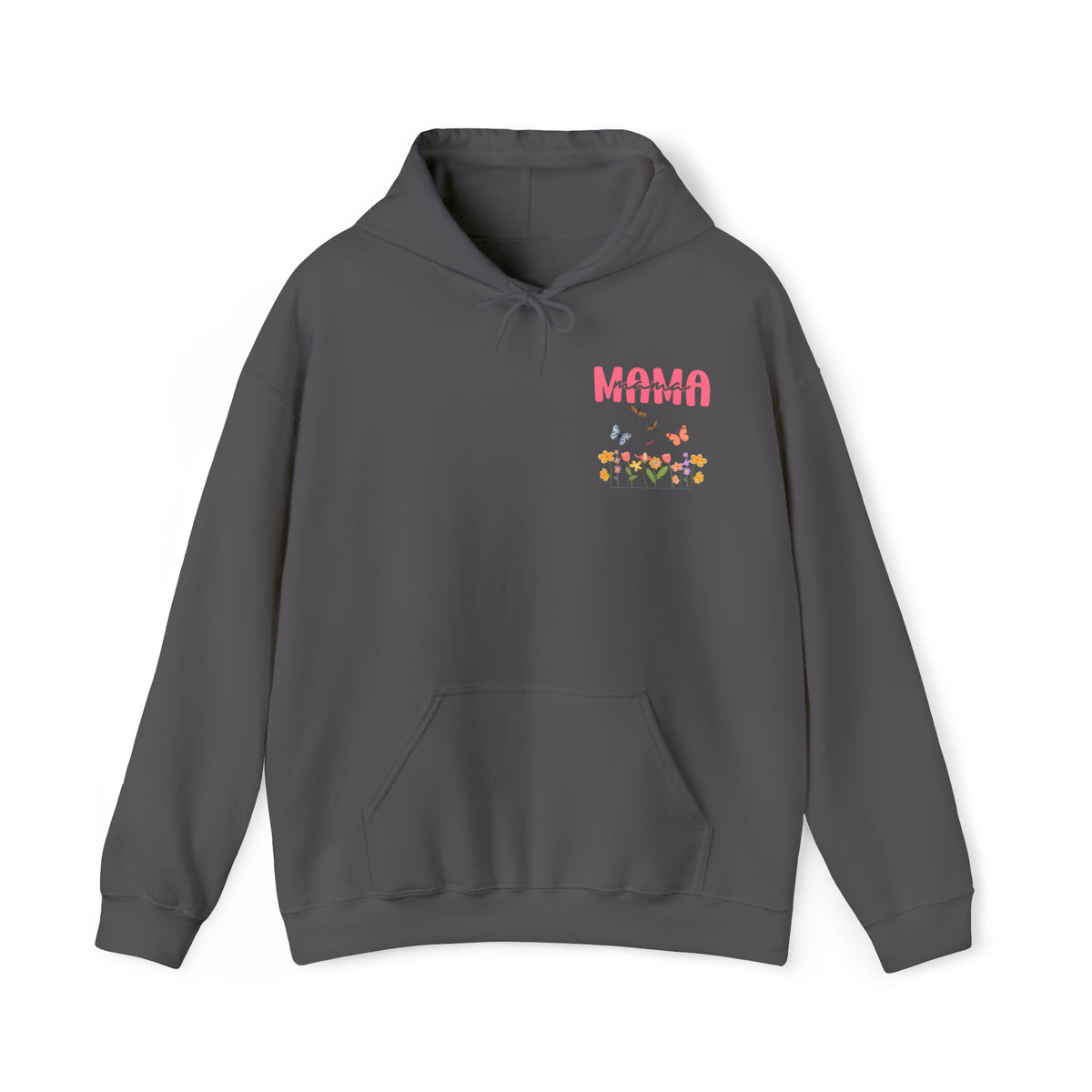 grey hoodie for happy mother's day , gift for mom on mother's day with mama text and butterflies flying over colorful flowers - my comfy clothing