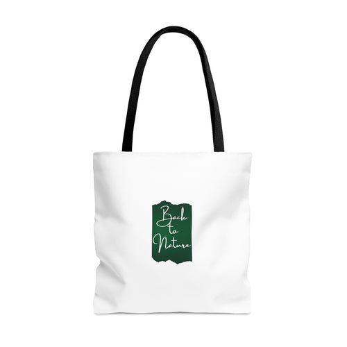 over the shoulder black strap white tote bag with Back to Nature text-My Comfy Clothing