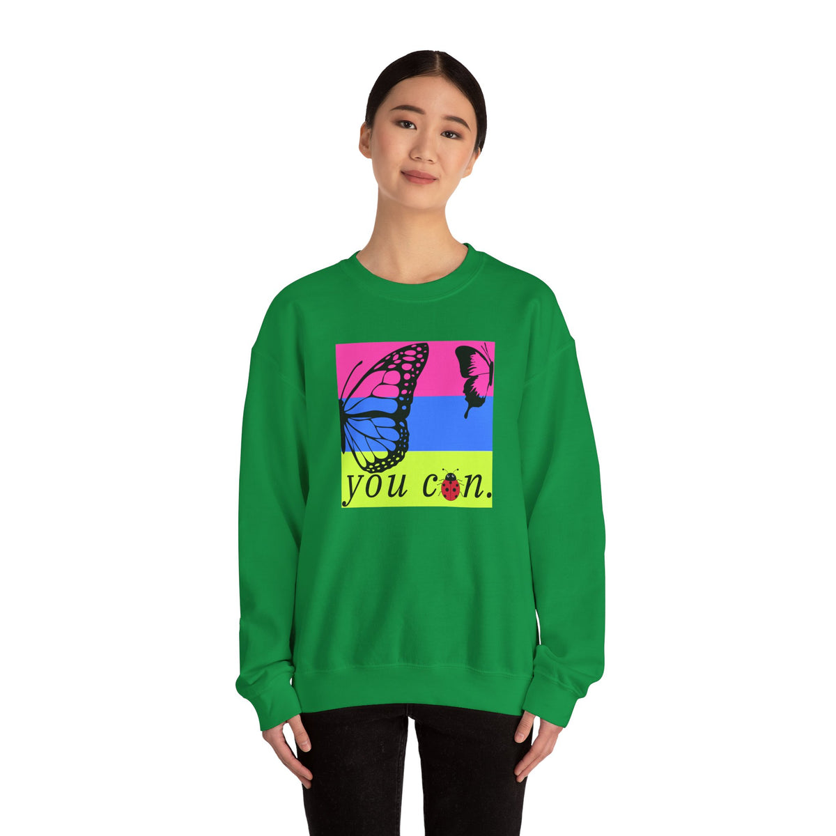 girl wearing green long sleeve sweatshirt with butterfly on bright background and you can text - my comfy clothing