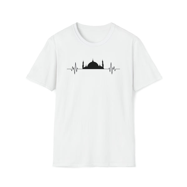 mosque heart beat line art blue crewneck unisex t-shirt - my comfy clothing