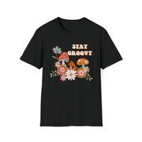 stay groovy mushroom flowers garden classic unisex soft black t-shirt - my comfy clothing