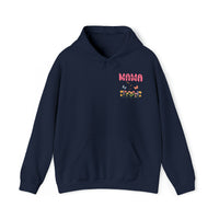 navy blue hoodie for happy mother's day , gift for mom on mother's day with mama text and butterflies flying over colorful flowers - my comfy clothing