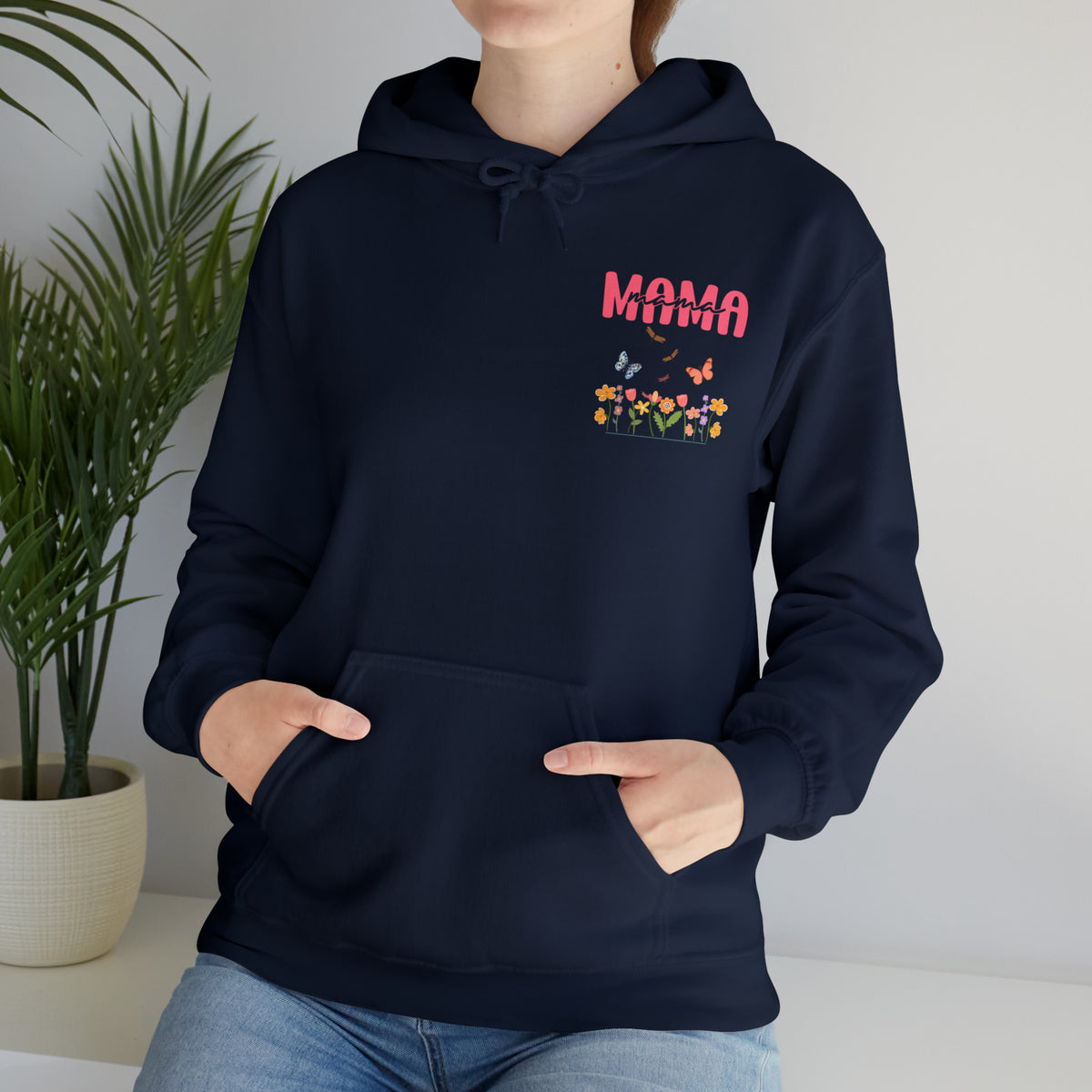 navy blue hoodie for mom with butterflies and flowers - my comfy clothing