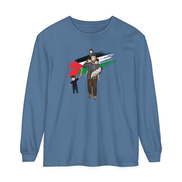 palestinian family with flag on long sleeve blue shirt - my comfy clothing 