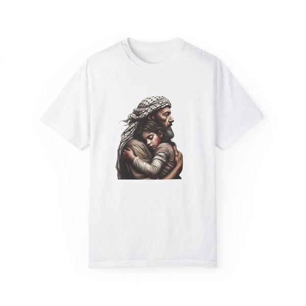 palestine t-shirt image of Palestinian father wearing keffiyeh hugging daughter on white tee - my comfy clothing