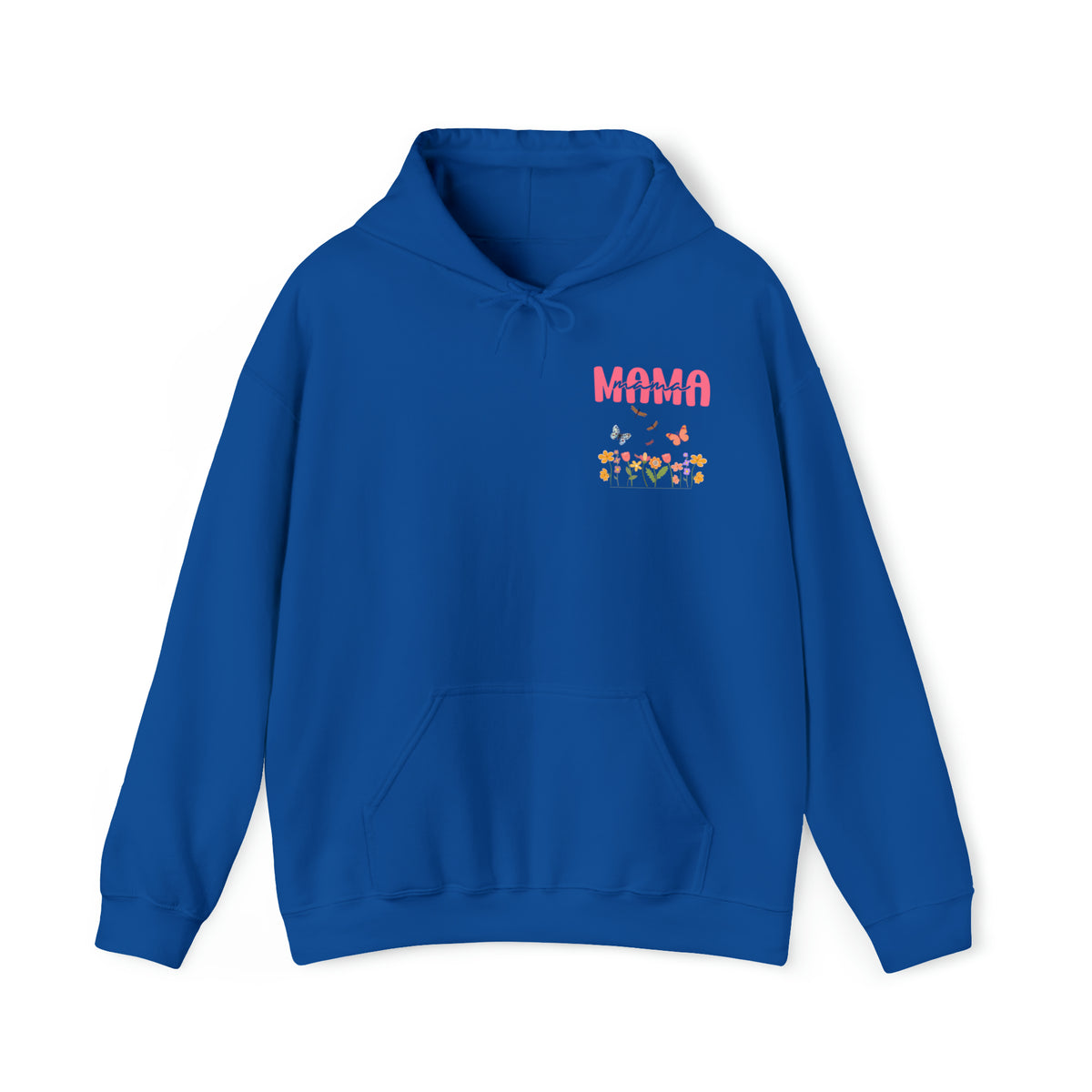 royal blue hoodie for happy mother's day , gift for mom on mother's day with mama text and butterflies flying over colorful flowers - my comfy clothing