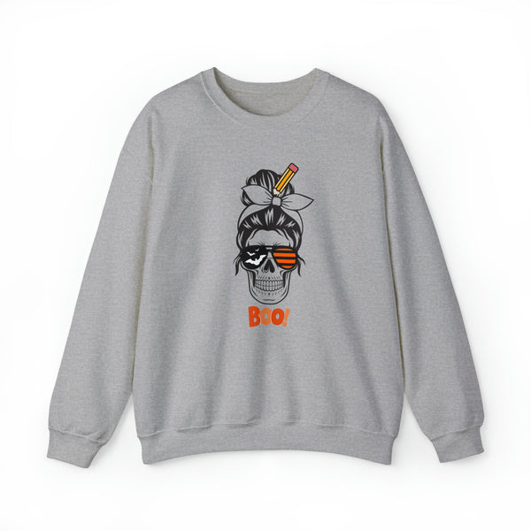 spooky boo skeleton skull teacher mom with pencil in hair grey  sweatshirt - my comfy clothing