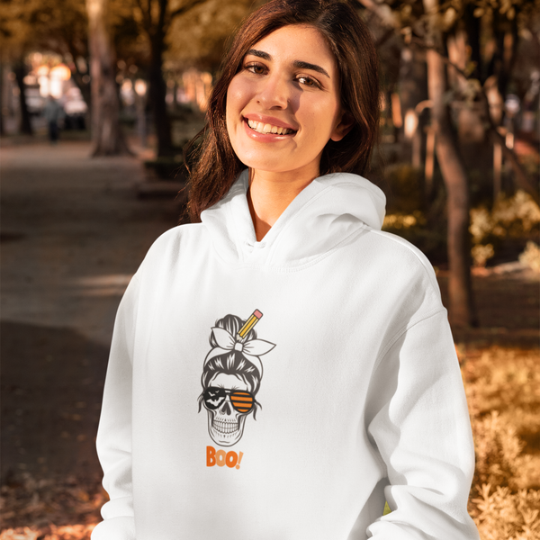 scary spooky skull halloween white long sleeve hoodie for teacher mom - my comfy clothing