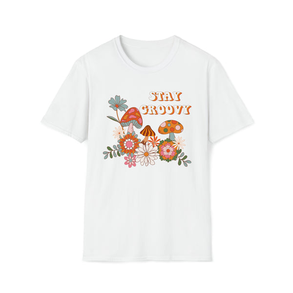 stay groovy mushroom flowers garden classic unisex soft white t-shirt - my comfy clothing