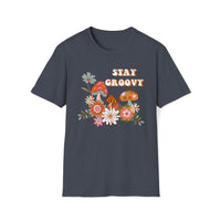 stay groovy mushroom flowers garden classic unisex soft charcoal grey t-shirt - my comfy clothing