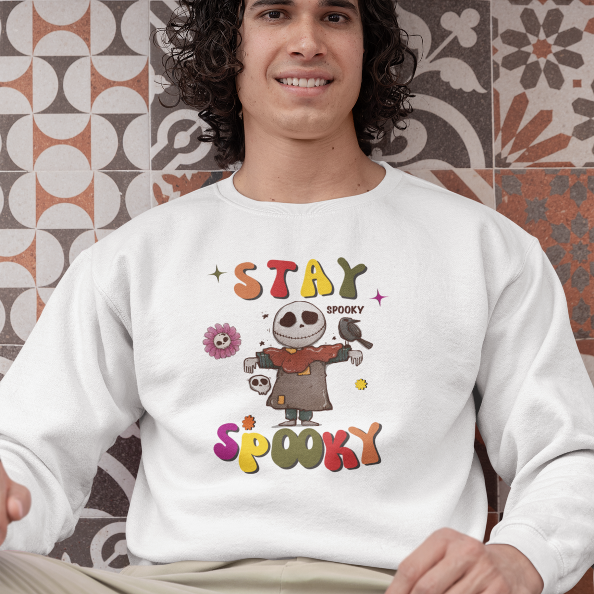 stay spooky skeleton scarecrow halloween white sweatshirt - my comfy clothing